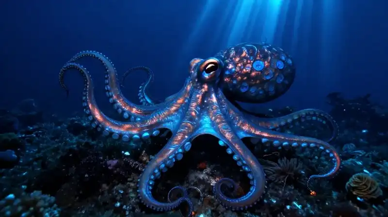 A glowing blue octopus drifts above a deep seabed