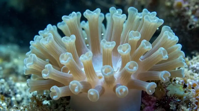 Tiny, translucent coral tentacles wave on a sunlit seabed