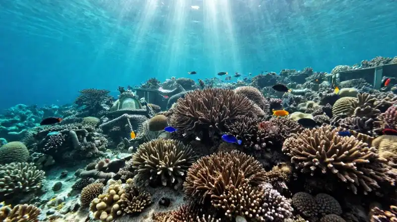 Tropical fish swim through an underwater city of coral