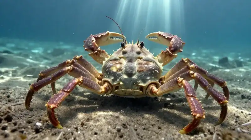 A detailed crab rests on a sandy ocean floor