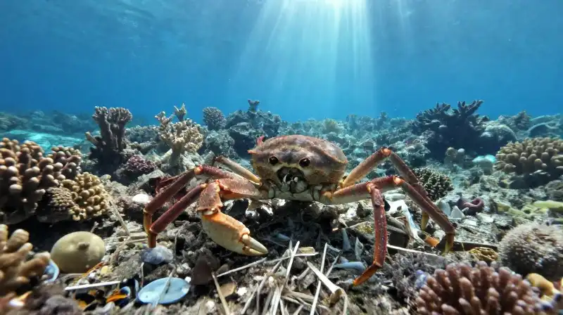 A crab regrows a limb among sunlit coral debris
