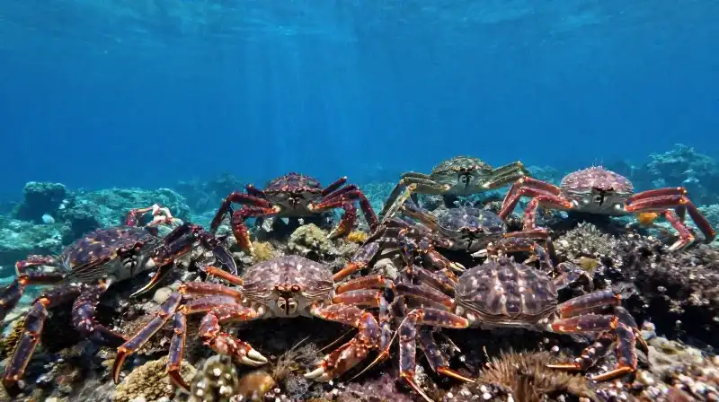 Diverse, shimmering crabs inhabit a vibrant, sunlit ocean floor