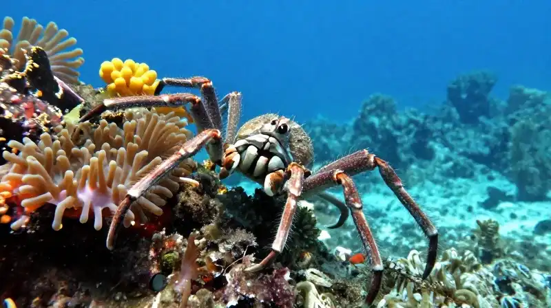 A thick-legged crab spider scuttles sideways across a colorful reef
