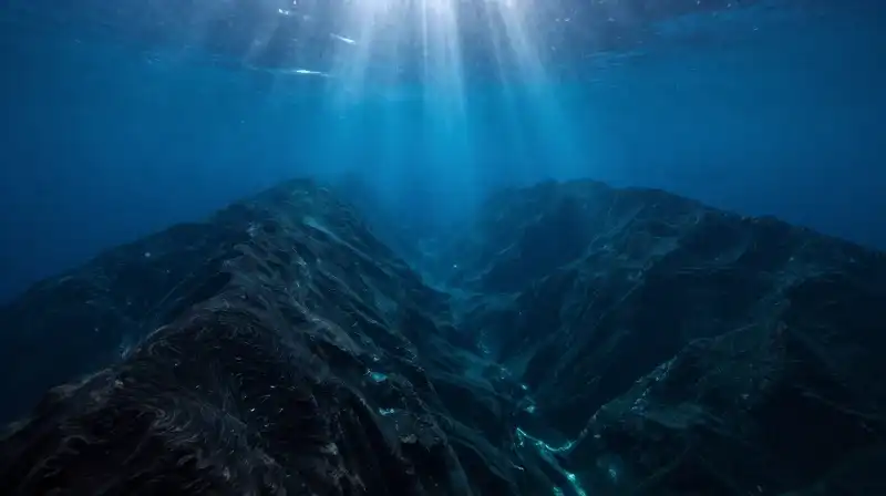 Light beams pierce through deep blue, swirling underwater mountains