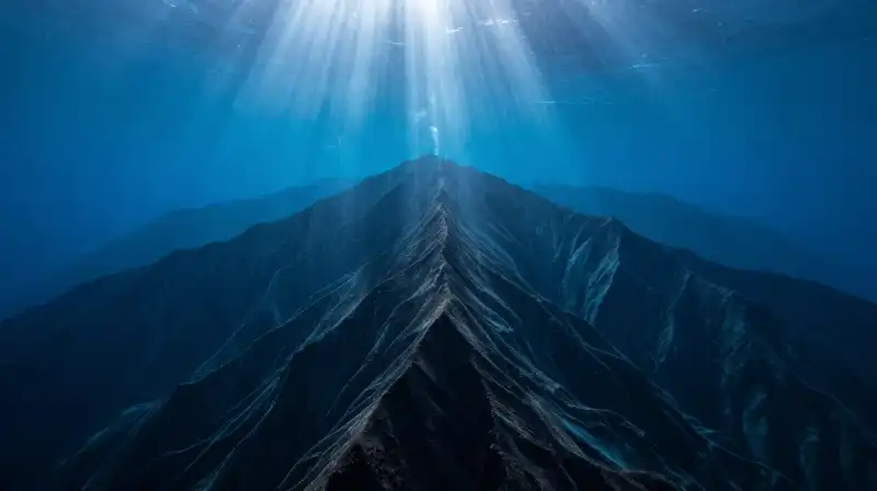 Massive underwater mountains rise through deep blue abyssal waters