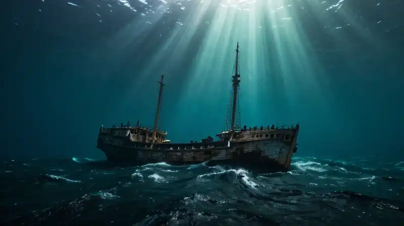 An abandoned wooden ghost ship drifts through dark, turbulent waters