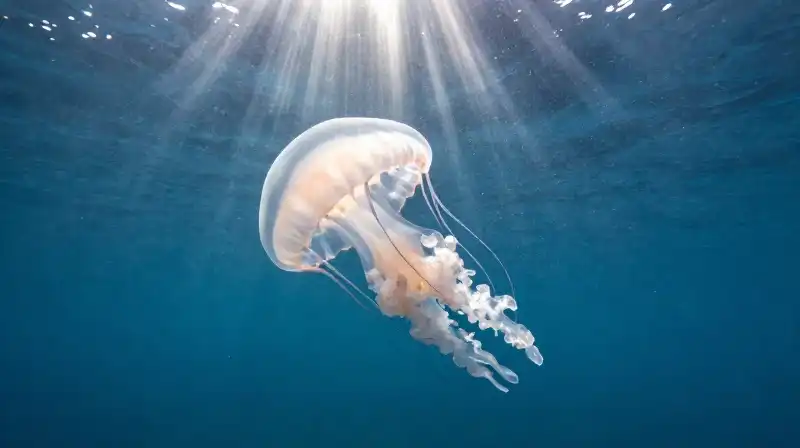 A crystal jellyfish drifts through sunlit Pacific coastal waters