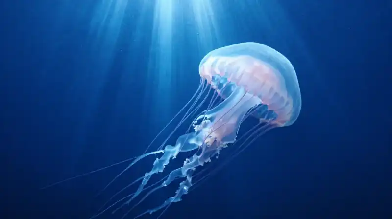 Small crystal and massive lions mane jellyfish float underwater