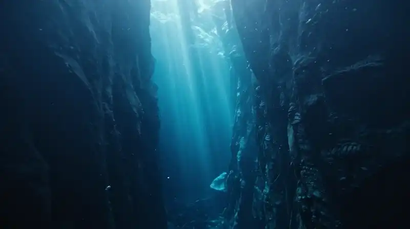 Fading light shafts descend into a vast, dark abyss