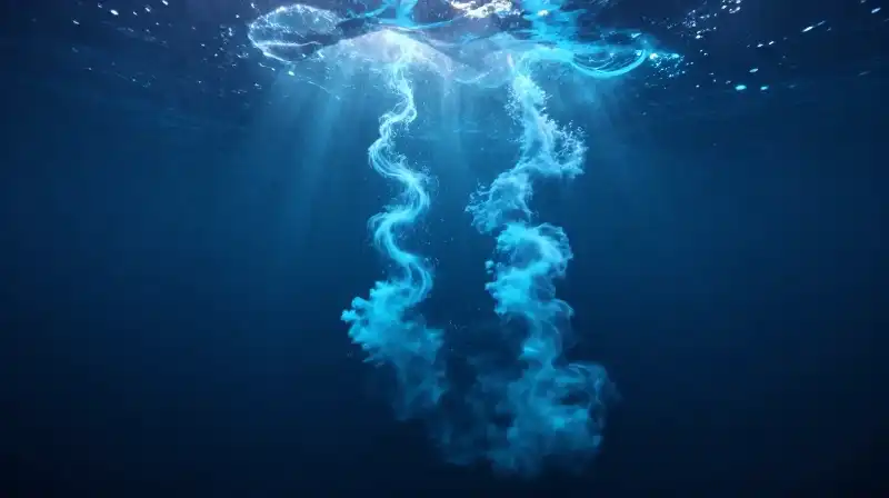 Glowing blue currents swirl through the vast, deep ocean abyss