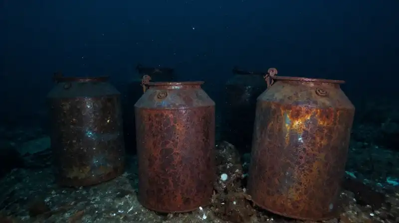 Rusted metal canisters rest on a dark, microplastic-filled seafloor