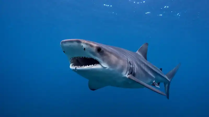 A megamouth shark swims through deep, sunlit blue ocean waters