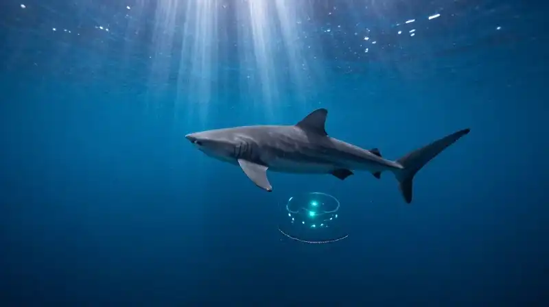 A megamouth shark filters glowing plankton in the deep ocean