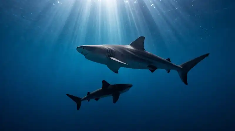 A mother megamouth shark protects her young in the abyss