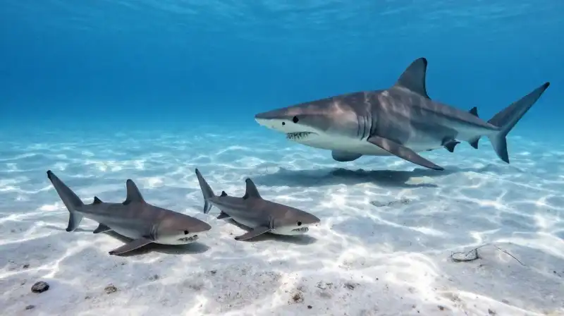 Tiny sawshark pups swim near their mother on sandy seabed