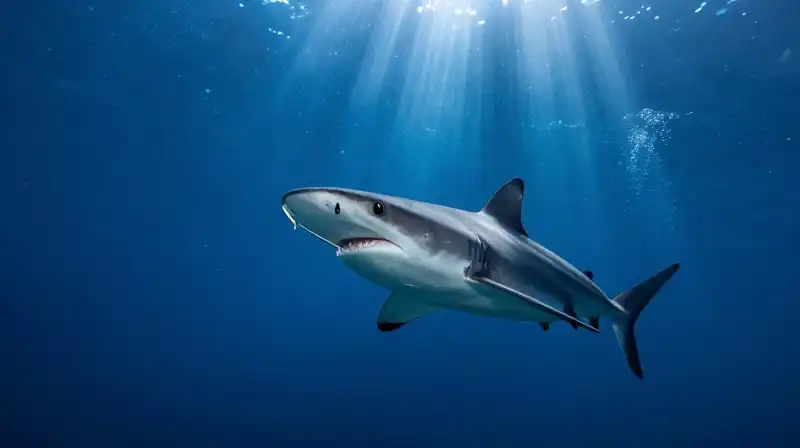 A saw shark with a long snout swims through deep blue water