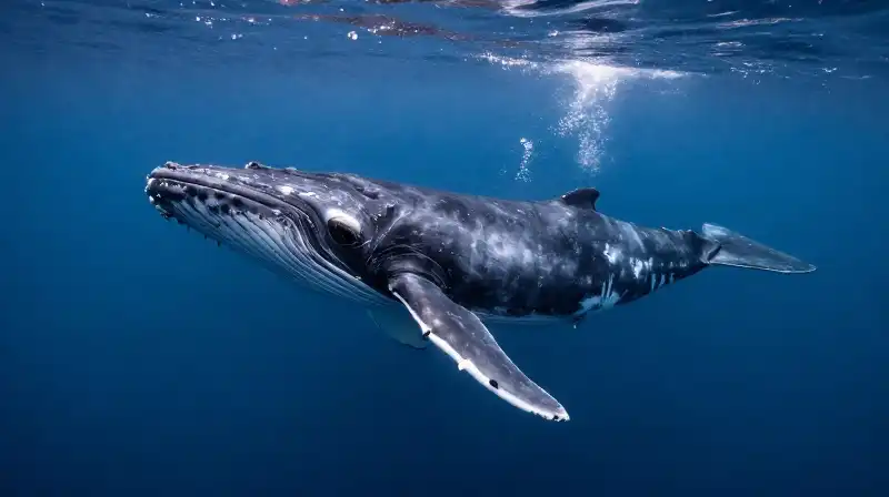 A massive fin whale swims rapidly through deep blue water
