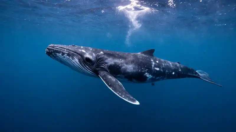 A majestic fin whale swims through glowing, deep blue waters