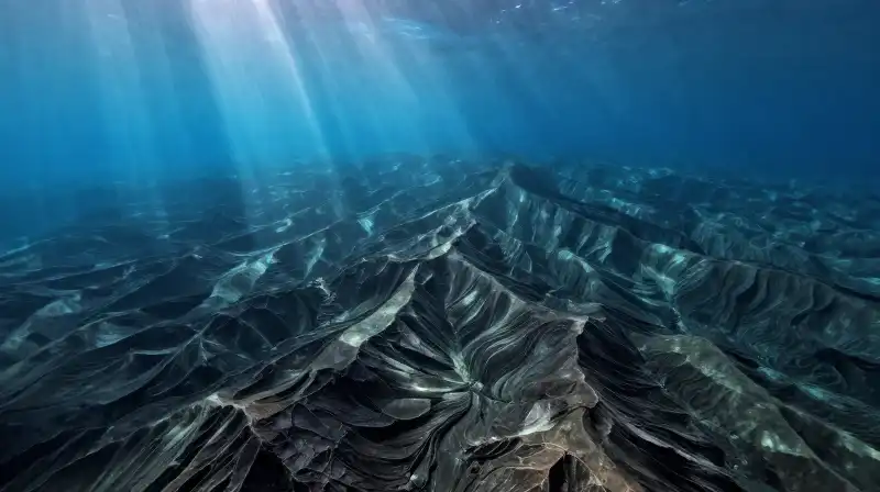 Massive underwater mountains rise from the dark ocean floor