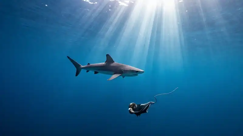 A majestic shark swims near a discarded fishing net