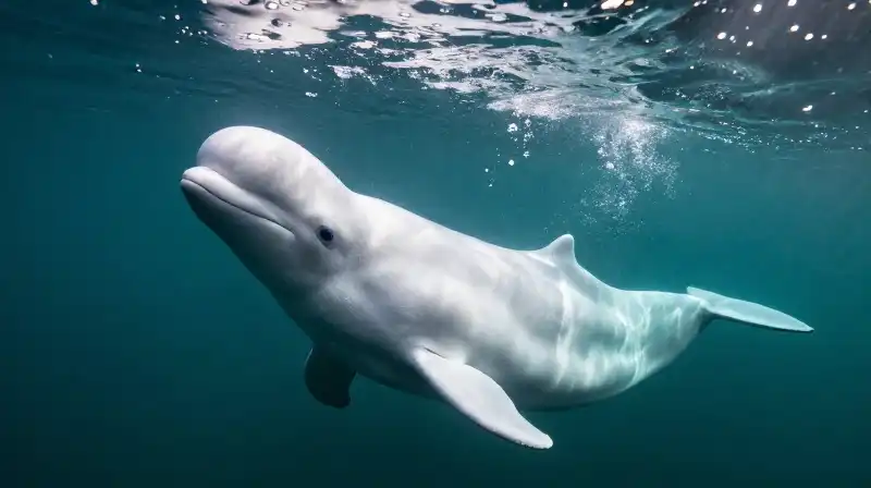 A white beluga and its dark gray calf swim