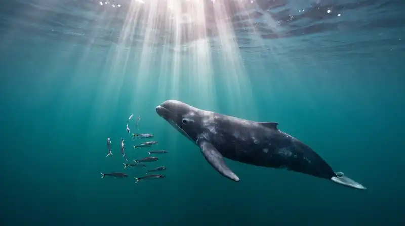 A beluga whale hunts silver fish in deep teal waters
