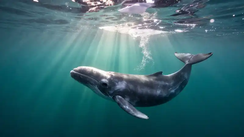 A beluga whale turns its neck amidst arctic ice