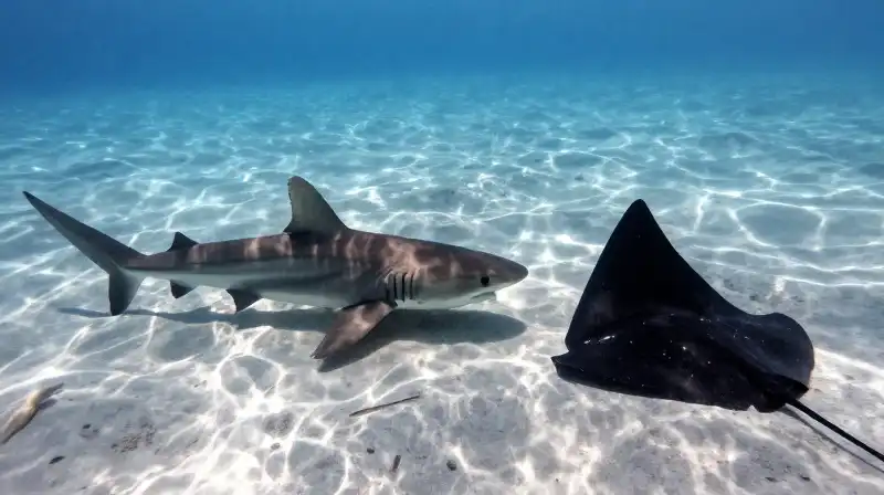 An angel shark rests on sand near a stingray silhouette