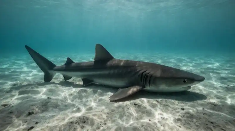 A large angel shark rests on a murky seabed
