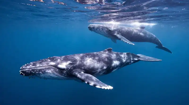 A gray whale and a humpback swim through sunlit blue