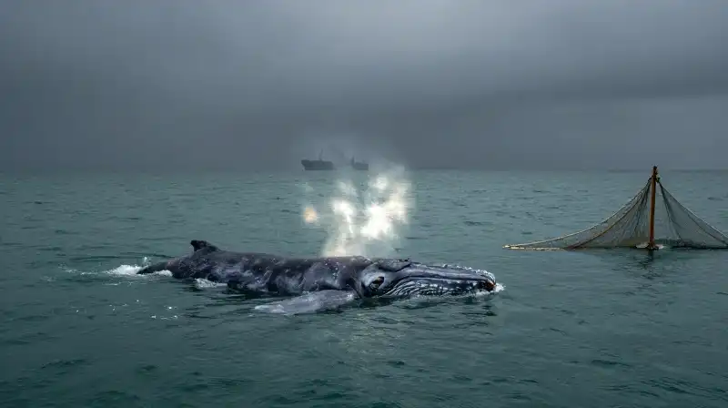 A gray whale swims through murky teal water near nets