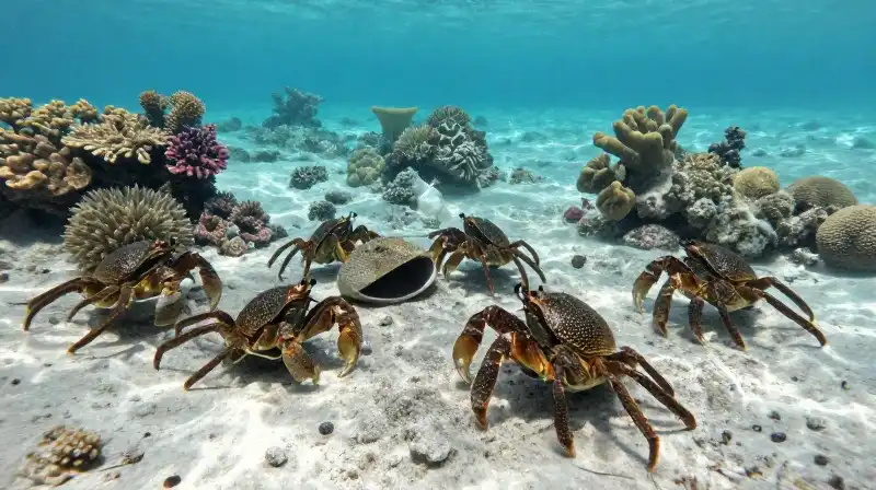 Hermit crabs interact among colorful coral on the seabed