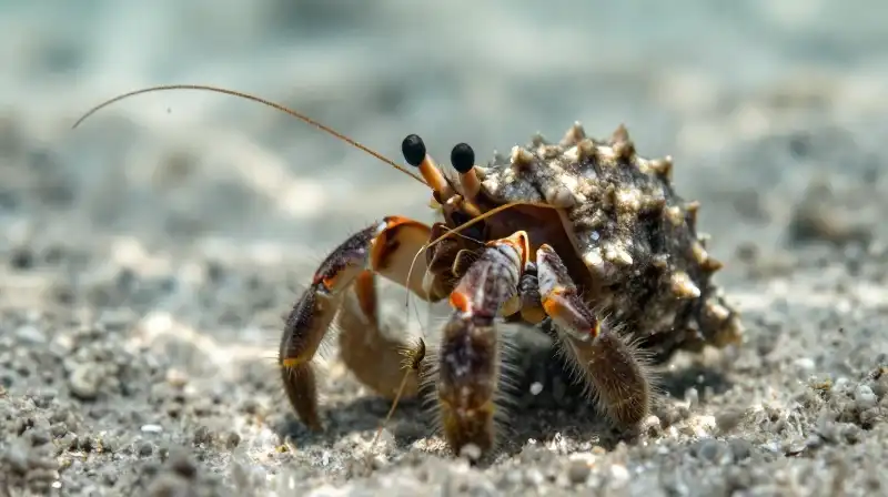 Detailed hermit crab antennae float above a sandy ocean floor