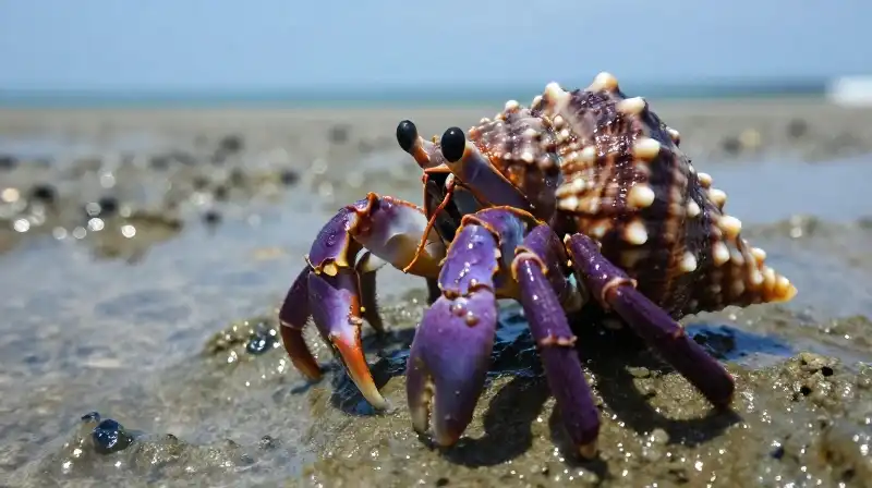 A purple hermit crab rests in a glistening seashell