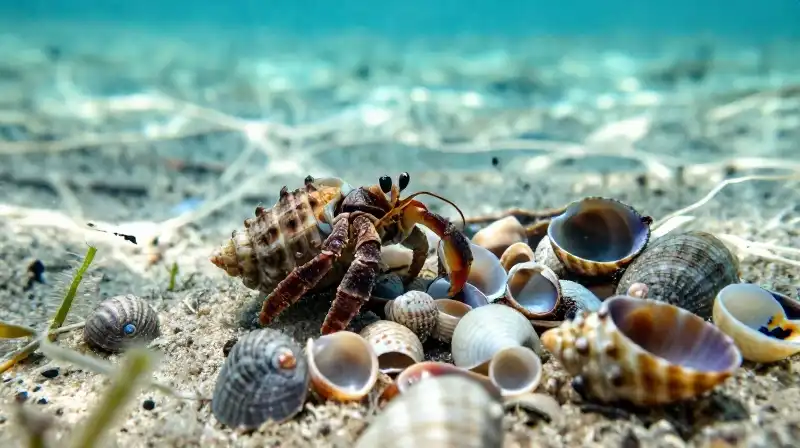 A small hermit crab explores colorful shells on sandy seabed