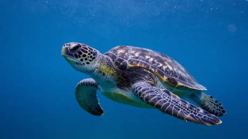 A massive leatherback turtle swims through the deep blue
