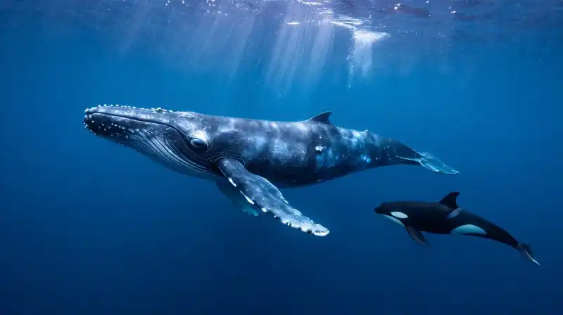 A massive blue whale swims gracefully alongside an orca