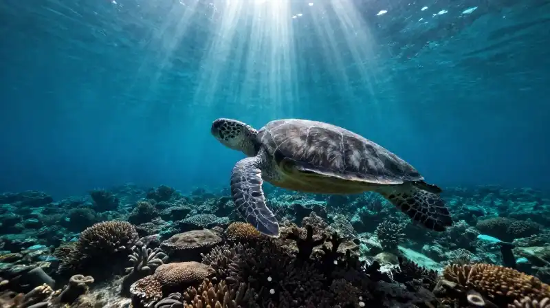 An endangered sea turtle swims gracefully through a coral reef