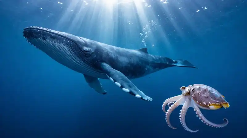 A blue whale silhouette floats near a translucent horseshoe crab