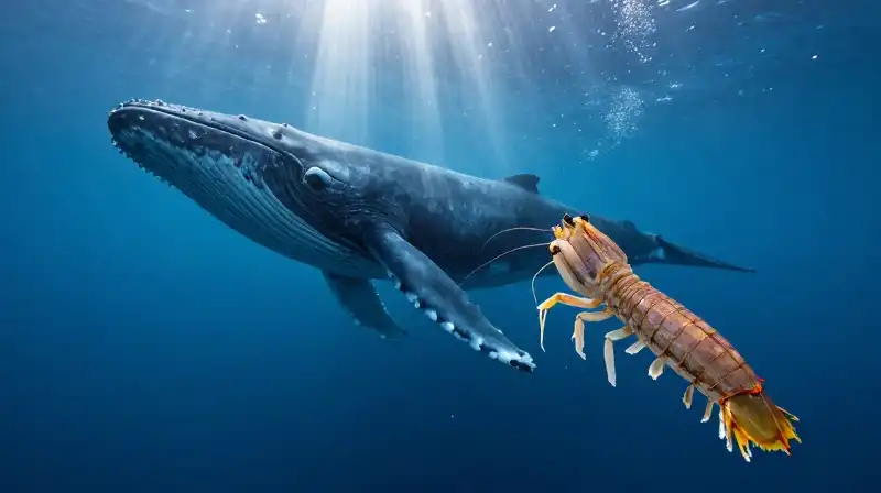 A mantis shrimp looms before a massive blue whale