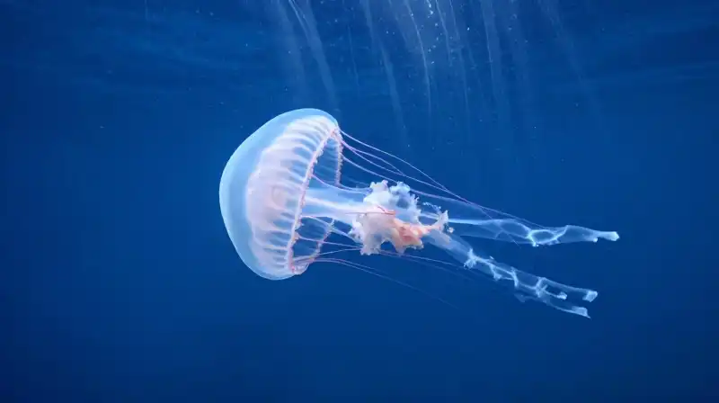 A translucent jellyfish drifts through a deep blue ocean