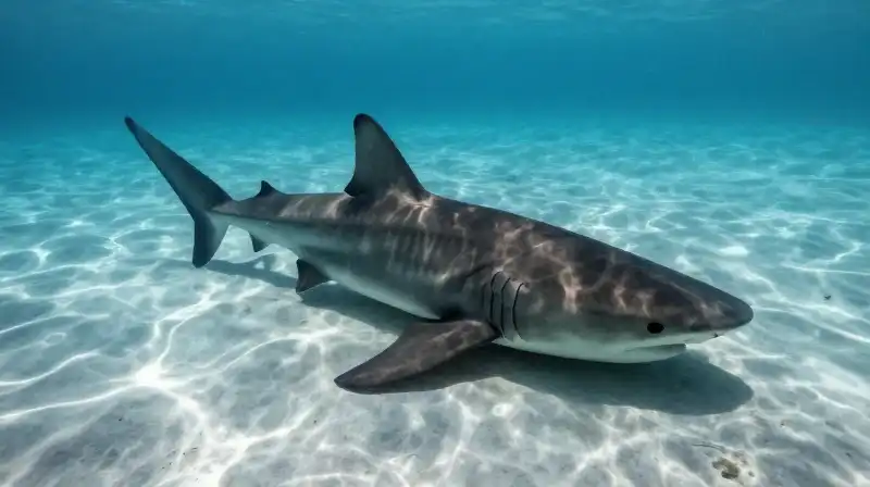 A nurse shark rests on a rippling, sandy seabed