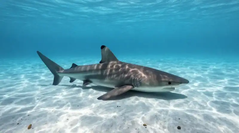A nurse shark rests on sand near coral reefs