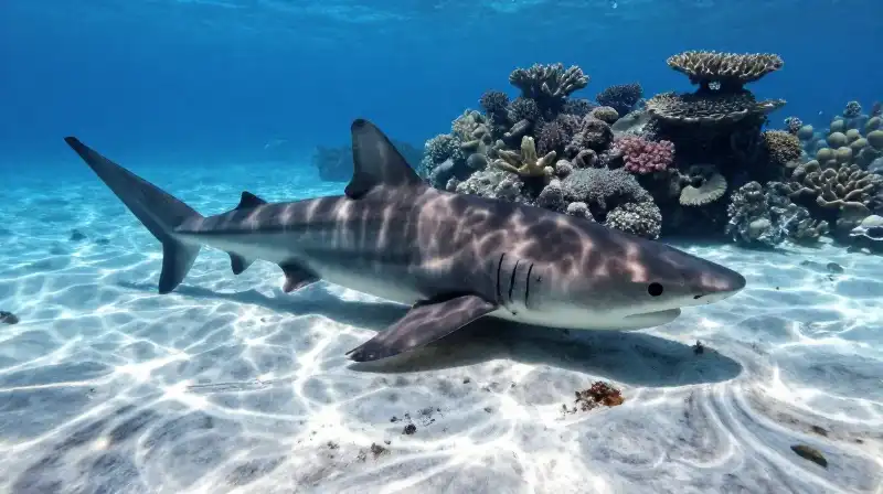 A nurse shark scavenges through sand on a vibrant reef