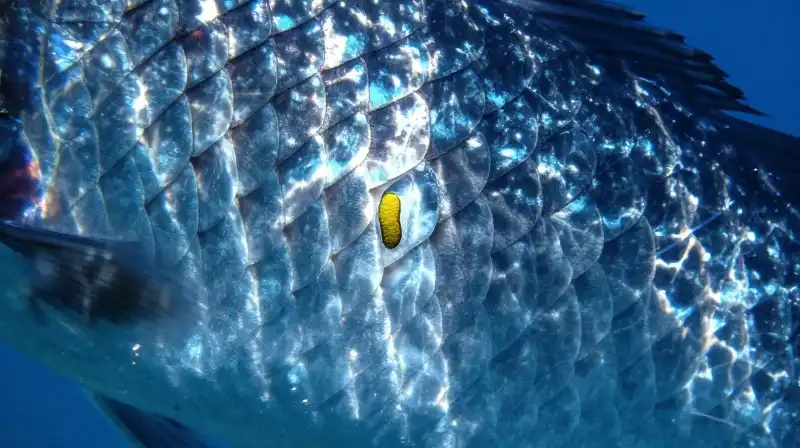 Detailed fish scales with growth rings in sunlit blue water