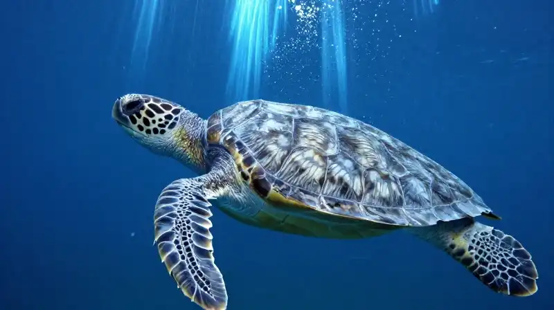 Translucent sea turtle shells and fish bones float underwater