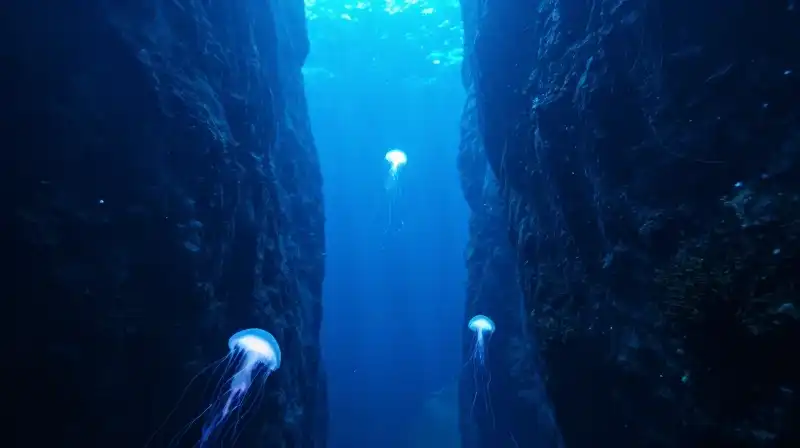 Glowing jellyfish drift through a dark, deep ocean trench