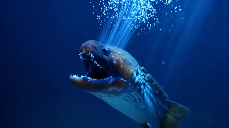 A gulper eel opens its massive mouth in the abyss