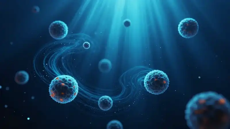 Glowing biological structures swirl through a deep blue abyss