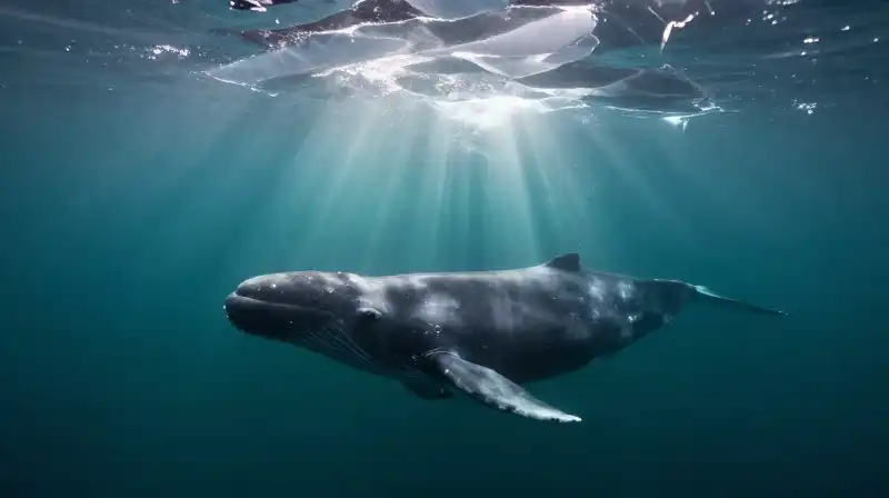 A beluga whale turns its neck amidst icy Arctic depths